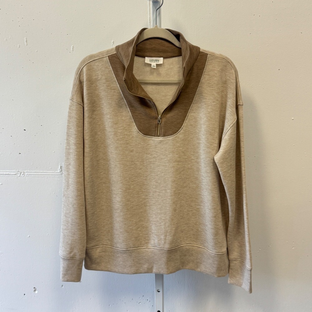 Haven‎ Well Within Beige Brown 1/4 Zip Sweatshirt Super Soft Pullover Size Med